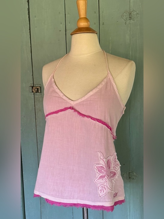 O'Neill Tops - SOLD!! O'Neill Tank Top L Pink Embroidery Patches Floral Boho Halter Beachy L